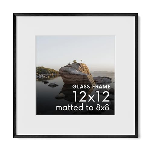 HAUS AND HUES 12x12 Picture Frame with Real Glass & Black Premium-Grade Metal Matted to 8x8 - Aluminum 12x12 Picture Frame - Includes Hanging Kit - Ideal for Home, Office (12x12 in, Black)