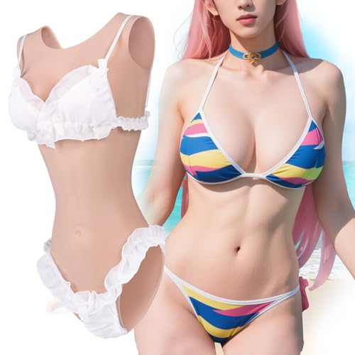 YEEFAIRY Female Silicone Swimming Bodysuit Round Neck Gel Filled Breastplate False Breasts for Crossdressing Transgender (Natural,A Cup,Penetrable Canal Type)