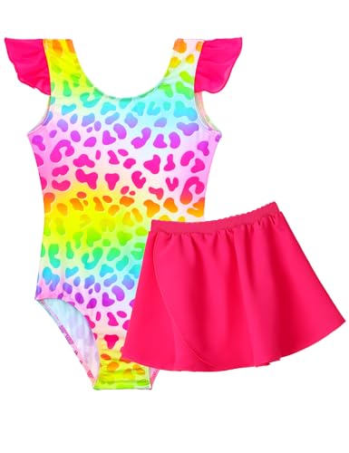 Girls Bathing Suit Size 7-8 Years Old Rainbow Leopard Sleeveless Summer Swim Dress Skirted Swimsuit