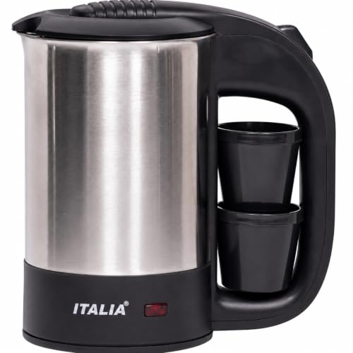 Image of ITALIA 500ml Electric Travel Kettle with 2 Cups, 1000W Mini Stainless Steel Portable Kettle for Hot Water, Tea Coffee, Auto Shut-Off, Concealed Heating, Office Hostel Travel, 1 Year Warranty