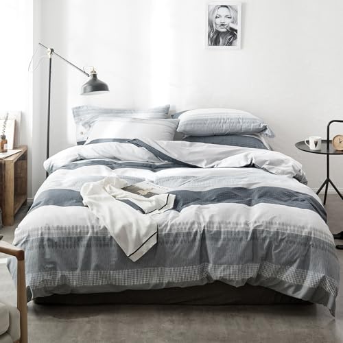 Image of mixinni Geometric Striped Duvet Cover Set - 100% Natural Cotton, Grey & White Stripes, King Size, 3-Piece Bedding Set with Zipper Closure