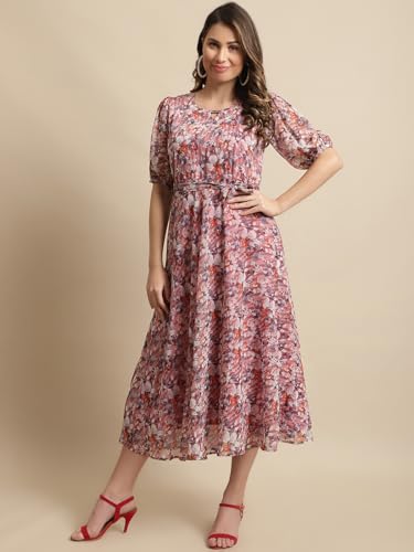 Preneum Women's Maxi Fit & Flare Latest Style Print Georgette Regular Sleeves Casual Summer Maxi Dress || Festival & Occasion, Peach, S