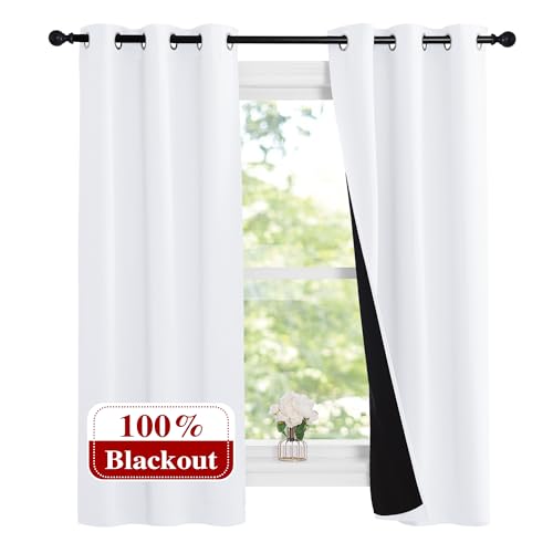 Image of NICETOWN Pure White 100% Blackout Lined Curtains, 1 Pair, 37 inch Width x 60 inch Length Each Panel, 2 Thick Layers Narrow Wide Window Treatment Panels Thermal Insulated Drapes for Kitchen Small Window