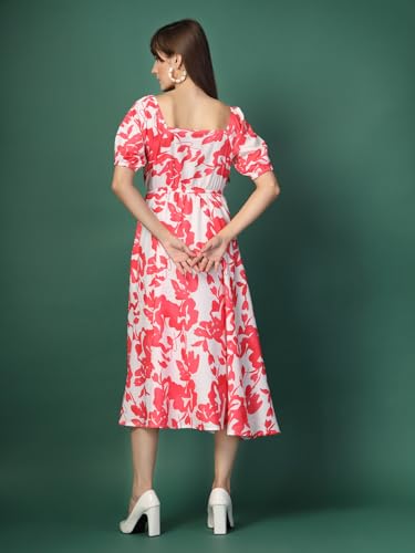 Image of OOMPH! Below Knee Shift Pink Dress in Crepe Fabric with Round Neck and Puff Sleeves - md619l