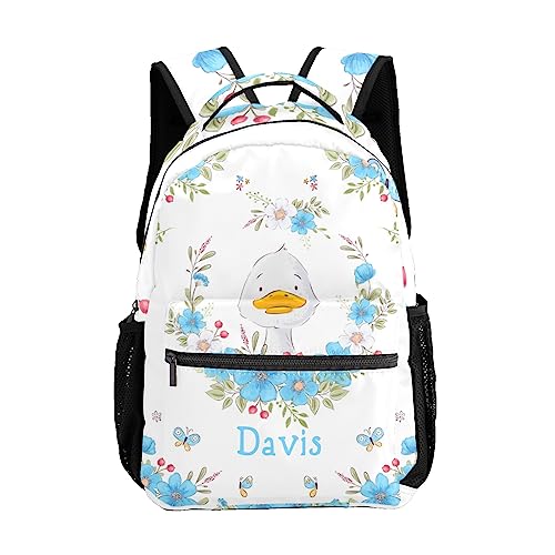 Blue Floral Cute Goose Personalized Kids School Backpack Custom Name for Boys Girls Primary Daypack Bookbag Travel Bag