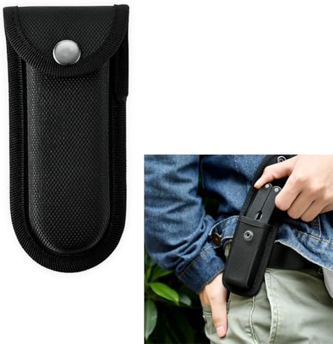 1 Pc Black Nylon Pocket Knife Holder, Folding Knife and Folding Pliers Sheath with Snap Closure & Belt Loop, Vertical/Horizontal Knife Case for Belt for Outdoor and Daily Use