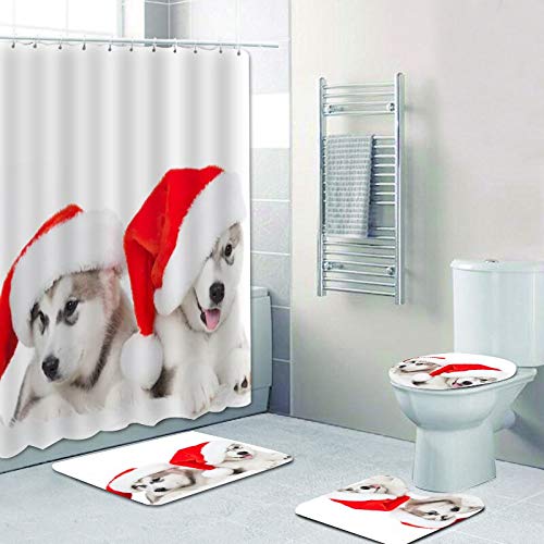 Minyose Cute Siberian Husky Christmas Shower Curtain Set Husky Dog Puppy Bathroom Curtain Bath Rug C