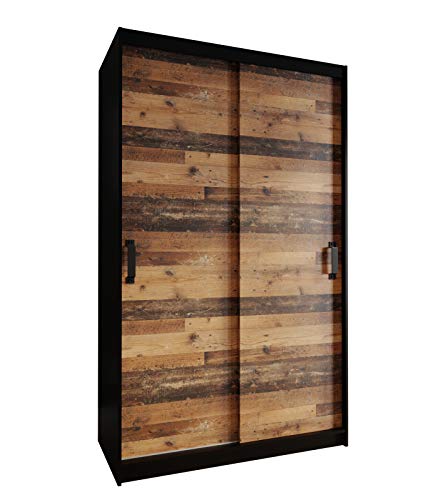 E- MEUBLES Armoire à 2 Portes coulissantes | Armoire Industrielle de Style Ancien, Noir Mat, avec ou sans Miroir | Armoire avec étagères (LxHxP) : 130x200x45 - Lay 130 sans Miroir