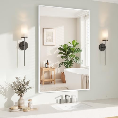 Image of Koonmi White Rectangle Wall Mirror, 26x38 Inch Bathroom Mirror, Aluminum Frame Vanity Mirror for Entryway, Living Room, Bedroom Bathroom, Hangs Horizontally or Vertically