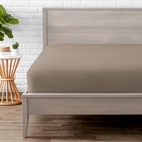Image of 400 TC Cotton Elastic Fitted Bedsheet with 2 Pillow Covers for Single Bed 42 x 72 10 Inches Taupe(Sand) Solid Color Fitted Sheet