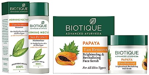 Image of Biotique Bio Papaya Revitalizing Tan Removal Scrub, 75g And Biotique Bio Morning Nectar Sunscreen Ultra Soothing Face Lotion, SPF 30+, 120ml