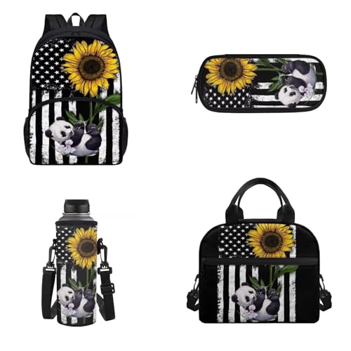 4 pezzi zaino pranzo borsa portamatite porta bottiglia dacqua per bambini adulti isolato Panda Girasole Bandiera Usa Onesized Zaino per unisex leggero