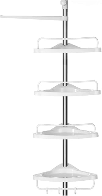 SONGMICS Adjustable Bathroom Corner Shelf, Telescopic Shower Caddy, 95-300 cm, Floor to Ceiling, with Stainless Steel Frame, 4 Trays, 3 Hooks, 1 Towel Bar, White and Silver BCB02SW