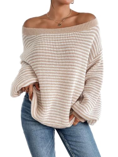 SKAYS Off The Shoulder Sweater Fall Striped Pullover Knit Sweaters for Women Long Sleeve Lightweight Drop Shoulder Tops Beige S
