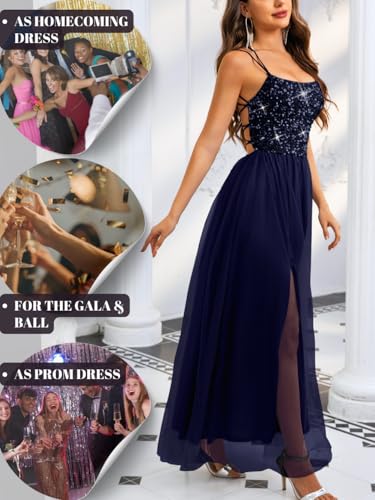 Image of ShawGobow Tulle Prom Dress with Slit,Sequin Backless Long Flowy Dresses for Women,Sexy Sparkly Outfits Homecoming Wedding