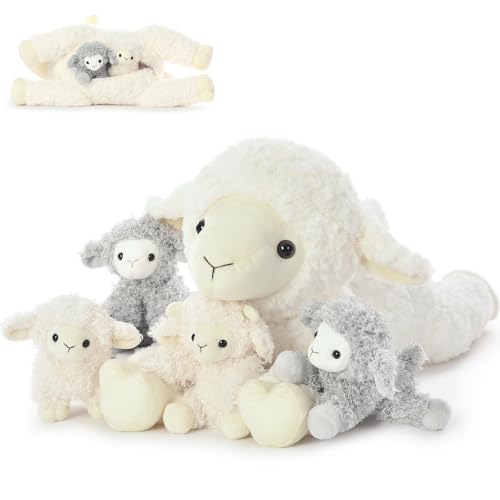 BENINY 5Pcs Lamb Stuffed Animal Set, Mommy Lamb Plush 20 Inch with 4 Baby Lambs in Her Zippered Tummy, Stuffed Sheep Plushie Toy for Girls Boys and Kids