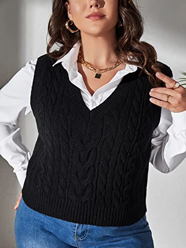 Makemechic Women's Plus Size Casual Solid Rib Knit V Neck Vest Sleeveless Sweaters Black 2Xl #TOP4