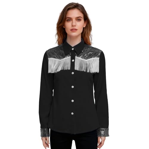 Sywiyi Disfraz de vaquera para mujer, blusas occidentales, camisa de ocio, brillante, parte superior con borlas, vintage, country, música, festival, fiesta, Negro , XL