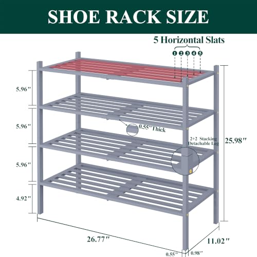 Image of Smiry Bamboo Shoe Rack, 5 Horizontal Slats, 4 Tier - 26.8 inch Wide, Grey