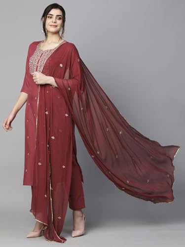Image of GoSriKi Women's Cotton Blend Embroidered Kurta Set with Pant & Dupatta - Straight Calf‑Length, 3 /4 Sleeve, Round Neck - Elegant Ethnic Attire (5 Colors, S-5XL)