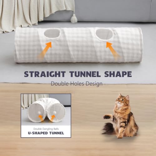 Image of Straight Bubble Cat Tunnel for Indoor Cats 47 inchx12 inch, Cream White | Cute Cat Toys, Collapsible Tunnel Tube with Hanging Balls for Puppy Kitten Rabbit