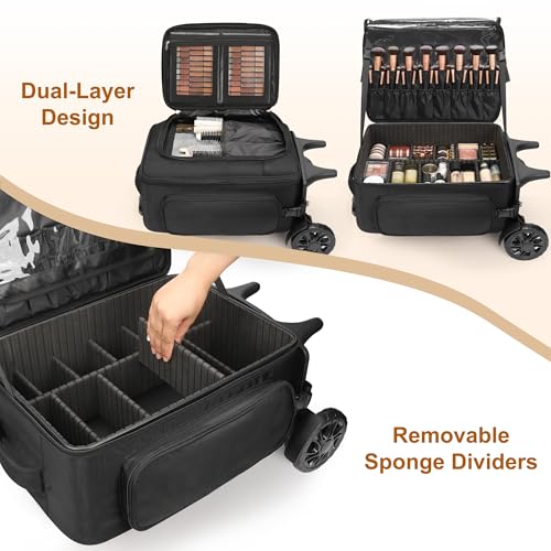 Image of Relavel Rolling Makeup Case with 4 Small Makeup Bags, Large Make Up Travel Organizer with 2 big Wheels, Professional Lockable Makeup Artist Backpack with Adjustable Dividers for Daily Use - Black