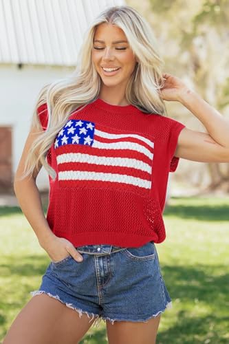 Image of Womens American Flag Sweater Cap Sleeve Summer Crop Tops Crew Neck Loose Fit Knit Sweater Pullover Top