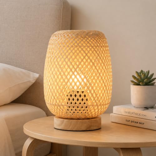 BARCELONA LED Ruka Tischlampe aus Rattan und Holz mit E27 Fassung