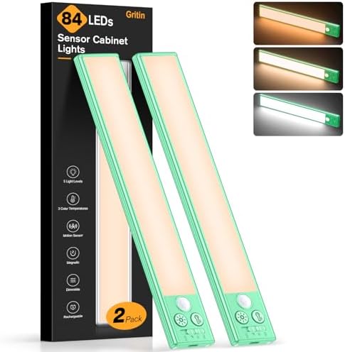 Gritin 10.2inch Under Cabinet Lighting Rechargeable -84 LED Super Bright,3-Color& 5 Level ...