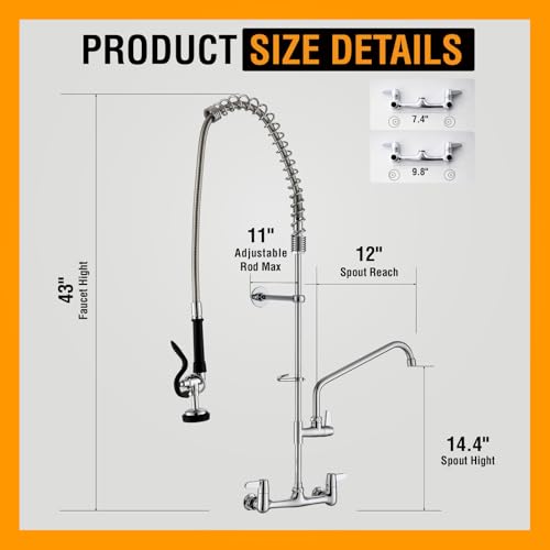 Image of GIMILI Commercial Sink Faucet with Sprayer, 43 inch Height 8 Inch Center Pull Down Wall Mount Faucet for Restaurant, Kitchen, Industrial, Farmhouses Sink