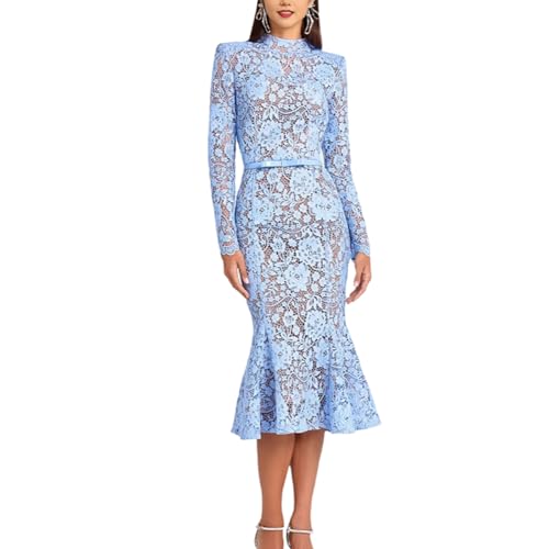 Image of Charm Elegant Semi-Sheer Floral Lace High Neck Dress with Defined Waist for Wedding Guest Cocktail Party (Blue,Small)