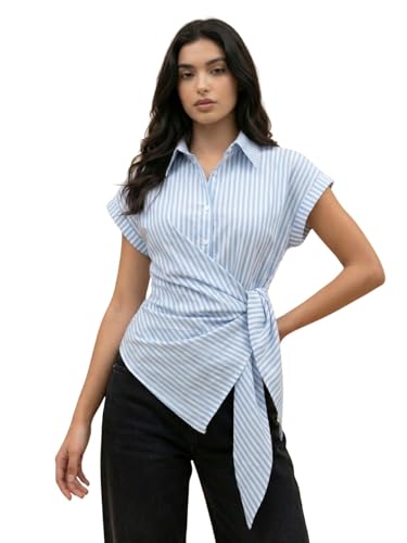 Image of Women Striped Wrap Style Cotton Shirt Drop Shoulder Casual Wear