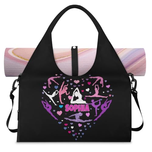 KFNHN Custom Name Gym Bag for Women with Shoe Compartment, Personalized Black Yoga Mat Bag Weekender Bag with Shoulder Strap, Love Heart Pink Purple Yoga Silhouette