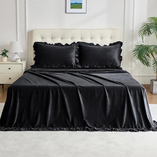 Image of Velvet Plush Flannel Sheet Set - Twin Size 3-Piece - Ruffled Edge Design, 16 Inch Deep Pocket, Anti-Pilling & Fade Resistant - 220 GSM Breathable Luxury All-Season Bedding, Black