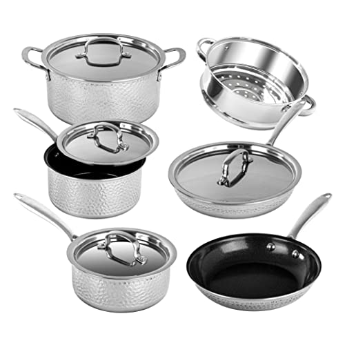 Granitestone Stainless Steel Pots And Pans Set Nonstick, 10 Pc Ceramic Kitchen Cookware Set, Induction Capable, Long Lasting Nonstick, Hammered Design, Cool Handles, Dishwasher Safe, 100% Toxin Free #TOP18