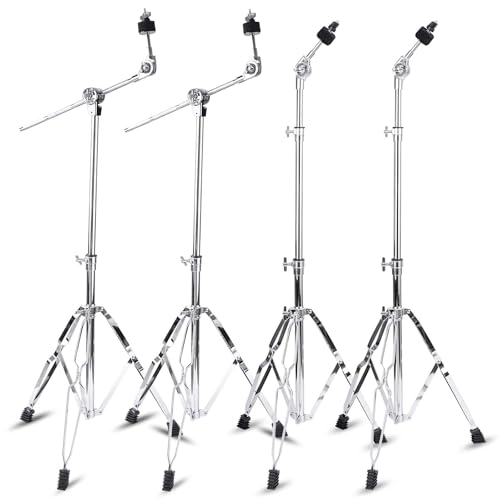 Millsten 2 Pack Boom Cymbal Stand + 2 Pack Straight Cymbal Stand Combo Set Adjustable Cymbal Stand for Crash Ride Splash Cymbals Stable Double-Braced Tripod Legs with Rubber (4 Pack)
