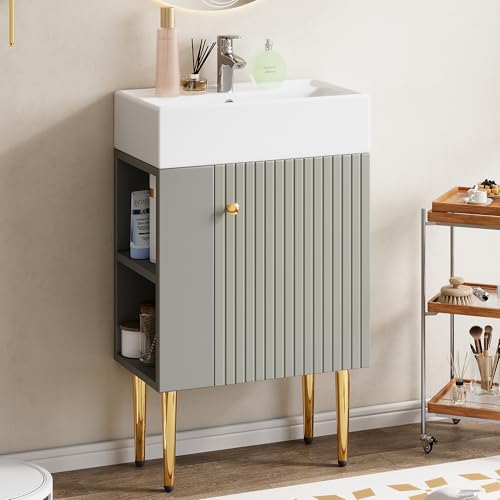 YuQozii Mueble de baño con armario bajo lavabo de 55 cm, mueble para lavabo pequeño, color gris claro