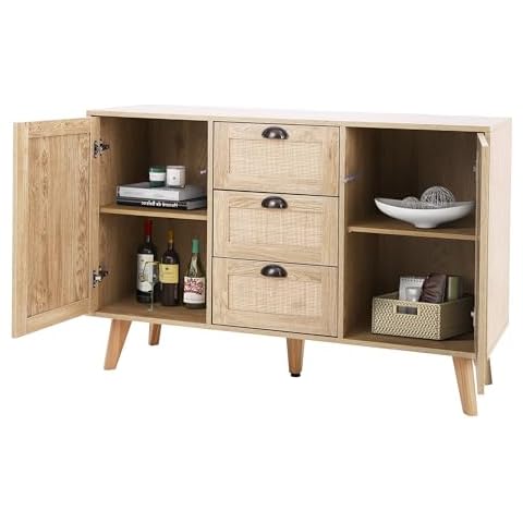 Sophia & William Rattan Cabinet, Sideboard Buffet Storage Cabinet with Doors & Drawers for Dining Room Living Room Cover