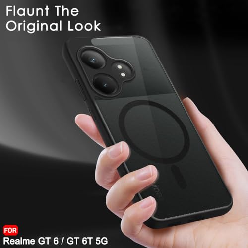 Image of TheGiftKart Hybrid Shockproof Back Cover Case for Realme GT 6 / GT 6T 5G Compatible with MagSafe | Hard Back Cover Case for Realme GT 6 / GT 6T (PC & TPU, Translucent Smoke Matte Back, Black Sides)