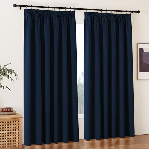 PONY DANCE Blackout Curtains for Living Room - 90 Inch Drop Extra Long Thermal Curtains Pencil Pleat Soundproof Drapes for Kids Bedroom Living Room, Navy Blue, 2 Panels, W90 X L90