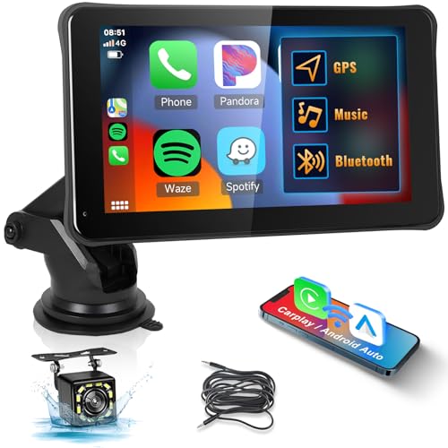 Carplay Display Portatile Autoradio Carplay, Schermo Auto con Android Auto Senza Fili, 7 Pollici HD IPS Touch Screen Supporta Bluetooth Mani Libere/GPS/AUX/FM/TF/Mirror Link +AHD Retrocamera