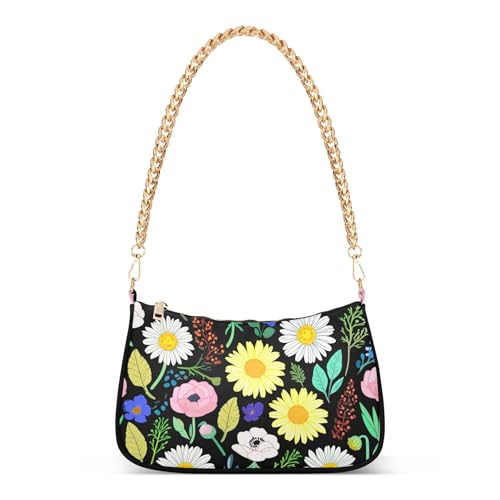 Colorful Spring Flowers Black Moon Purse Hobo Bags Women Medium Handbag Tote Formal Print Shoulder Purses Zipper Closure
