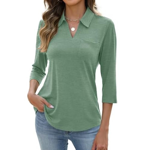 AKEWEI Womens 3/4 Length Sleeve Tops V Neck Casual Basic Tees Work Polo Shirts Collared Summer Top with Front Pocket