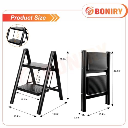 Image of Boniry Compact 2 Step Folding Ladder with Non-Slip Steps | Lightweight & Durable Step Ladder | Perfect for Home, Kitchen, or Office Use - Black Finish