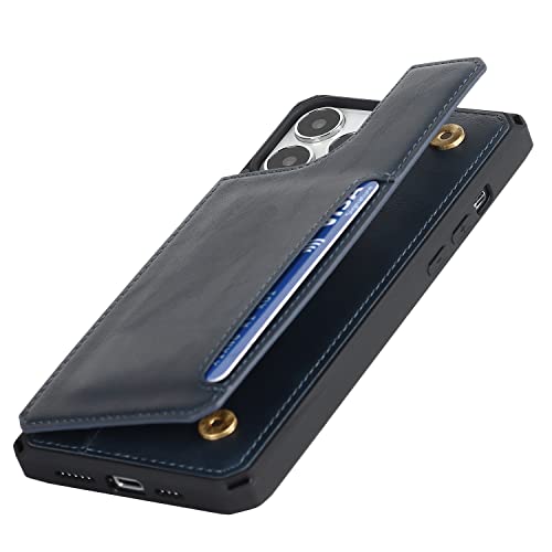 Image of Cavor for iPhone 14 Pro Case with Card Holder,for iPhone 14 Pro Wallet Case for Women Men,Phone Case for iPhone 14 pro with Stand Credit Card Holder, Leather Strap Shockproof Cover-Blue