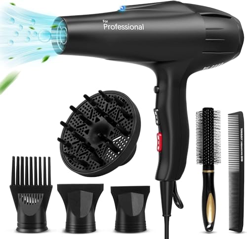 Professional Hair Dryer JIAABCHOMO 2500W Fast Dry Ionic Hairdryer with Diffuser, Brush and Nozzle, Hairdryers for Women with 2 Speeds, 3 Heat Setting and Cool Button