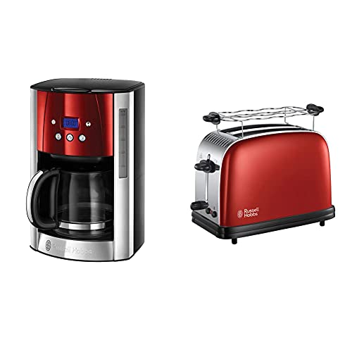 Russell Hobbs Digitale Kaffeemaschine Luna rot, bis 12 Tassen, 1,5l Glaskanne, 1000W & Toaster Colours+ rot, 2 extra…