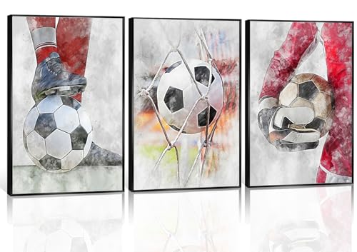 YOXORDQ 3Pcs Soccer Wall Art Kids Soccer Poster Prints Red Soccer Painting Canvas Picture for Childs Baby Room Wall Decor 12x16in Unframed