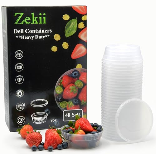 Image of Zekii EXTRA THICK Deli Containers with Lids, [48Sets 8oz] Soup Containers w /Lids Airtight, Disposable, BPA Free, Takeout soup Cups, Meal Prep, Food Storage Containers with Measurements