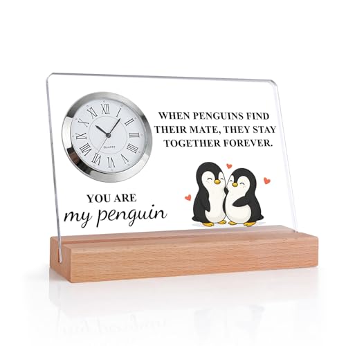 WINTAIM I Love You Gifts for Her & Him – Romantic Penguin Acrylic Plaque Desk Clock, Wedding Gift for Husband Wife Couple, Anniversary Birthday Christmas Gifts for Women & Men